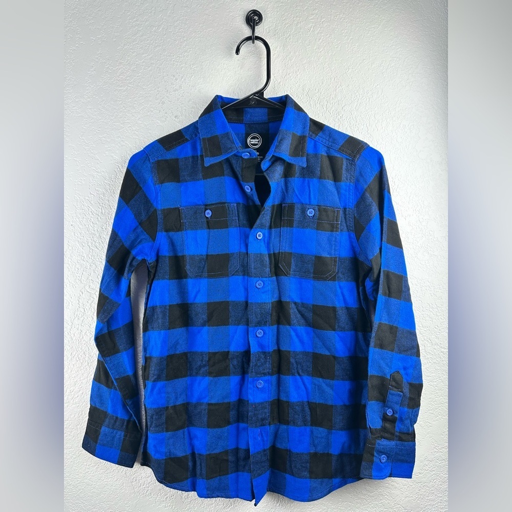 Wonder Nation Boy’s Casual Blue/Black Checkered Button Down Shirt Size L